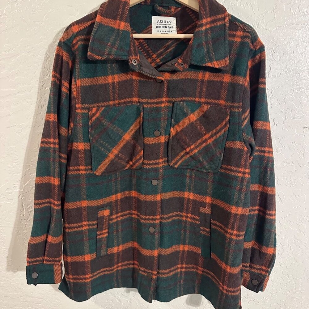 Y Ashley Outerwear Wool Blend Green and Orange Button Up Plaid Shacket